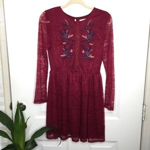 Francesca’s burgundy lace long sleeve mini dress